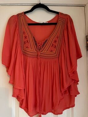 chic Coral Lace-Up Embroidered Boho Tunic